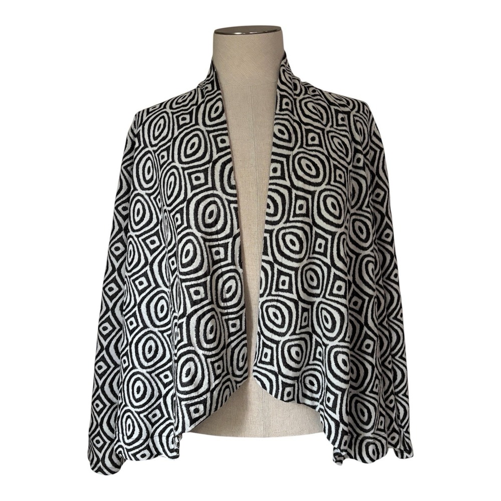 Chico's Easywear Women's 2 Black Cream Geometric Open Front Cardigan Artwear